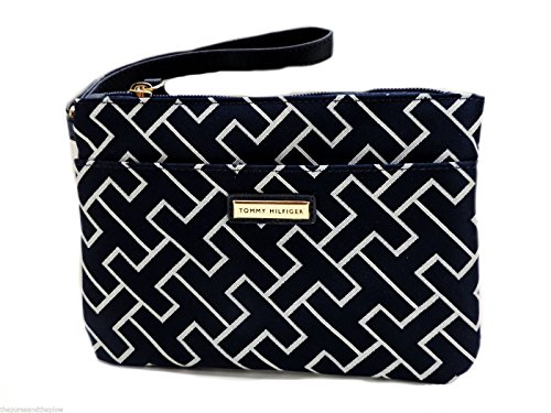 Tommy Hilfiger Signature Wristlet Handbag Grey and Blue TH Logo Top Zip NWT