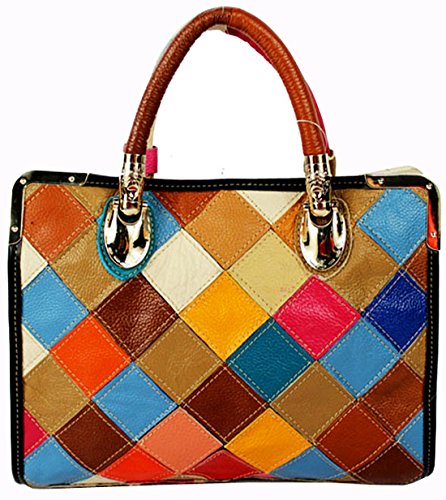 Heshe® Women’s New Fashion Soft Genuine Leather Tote Bag Hobo Shoulder Bag Handbag Hobo Bag Grid Multi-color Stitching Splicing Personality Simple for Ladies
