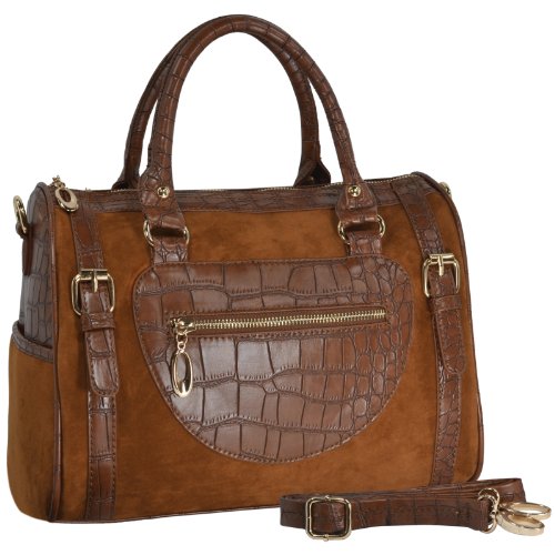 MG Collection BRANDI Brown Faux Crocodile Bowling Style Handbag / Shoulderbag