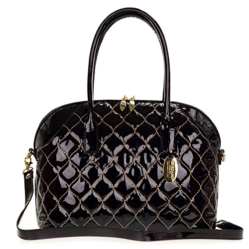 Giordano Italian Made Large Tote Handbag in Black Patent Quilted Leather with Gold Stitching