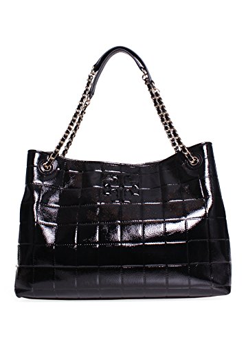 Tory Burch Marion Quilted Patent Leather Tote in Black