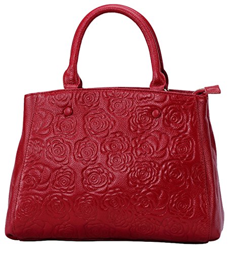 Heshe® Women’s New Fashion Soft Cow Leather Rose Print Tote Handbag Top Handle Shoulder Bag Messenger Charm Simple Style for Ladies