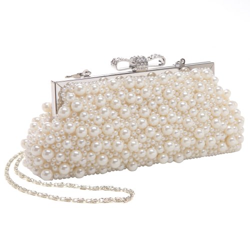 White Studded Pearl Beads Mini Bow Rhinestone Encrusted Clasp Closure Soft Clutch Baguette Handbag Purse Evening Bag w/ 2 Chain Straps