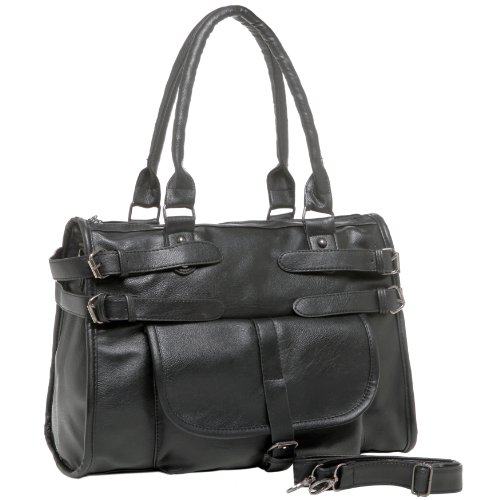 MG Collection JOELLE Black Belt Décor Large Shopper Tote Handbag with Shoulder Strap