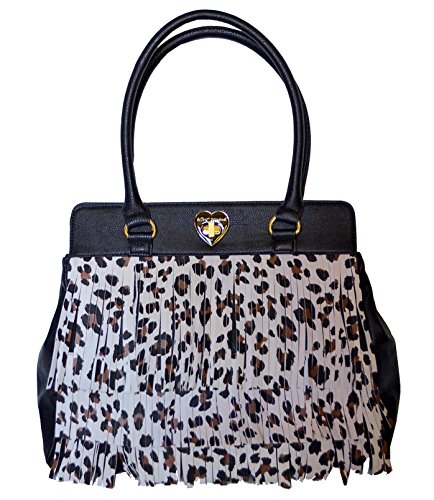 Betsey Johnson Fringe Tote Handbag, Black Cheetah