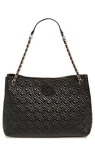 Tory Burch Marion Diamond Quilted Leather Tote Black Handbag New