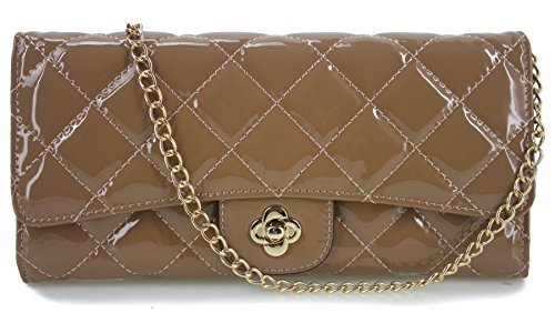 Beaute Bags Collection Classic Quilted High Gloss Vegan Patent Leather Wallet on a Chain Clutch and Shoulder Handbag