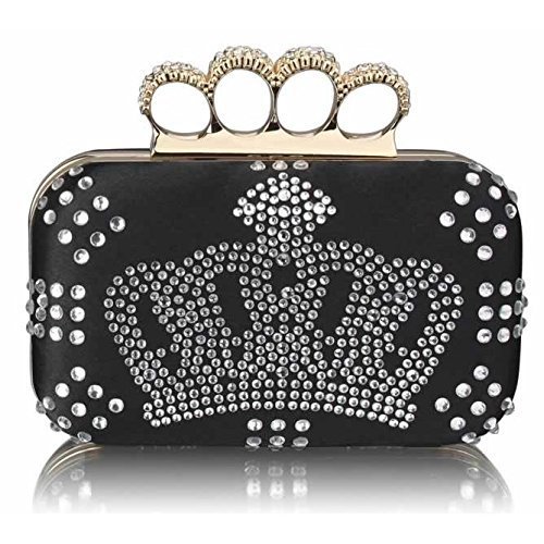 Ladies Black Crown Design Diamantes Designer Evening Clutch Bag KCMODE