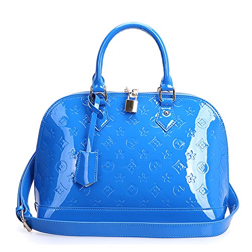 Fineplus New Waterproof Cow Patent Leather Dual-Zipper Tote Bag For Womens Blue