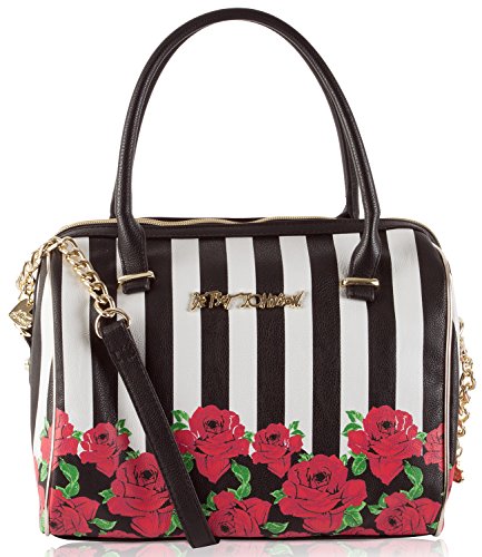 Betsey Johnson Roses & Stripes Satchel Bag – Black/White