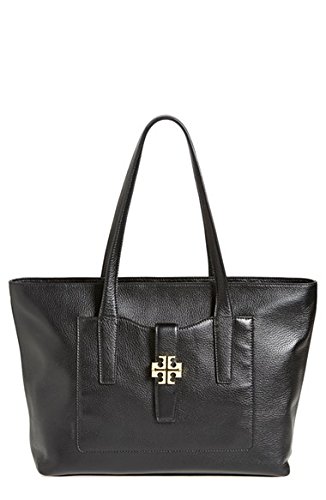 Tory Burch Plaque Tote Handbag Purse Black Leather Bag Gold Hardware New