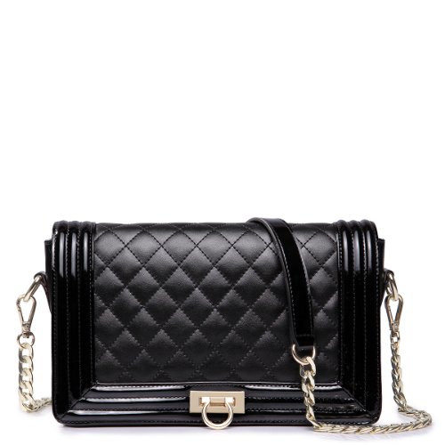 Nucelle Women’s Genuine Leather Diamond Quilted Shoulder Handbag W/shoulder Chain Strap (Elegant Black)