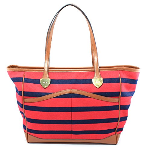 Lauren Ralph Lauren Women’s Navy Blue & Red Nautical Stripe Canvas Beverley Shoulder Tote Bag Purse