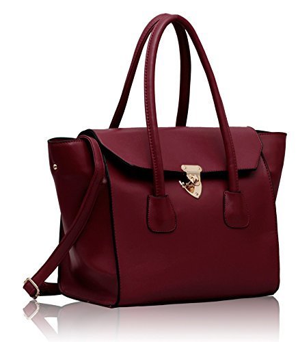 KCMODE Ladies Designer Burgundy Red Leather Look Twistlock Smart Womens Shoulder Bag Handbag