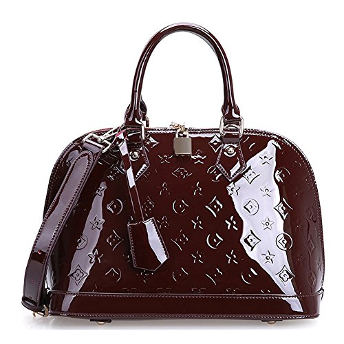 Fineplus Vintage Split Cow Patent Leather Shoulder Straps Totes For Women Wine-red