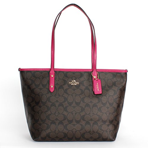Coach 36876 Signature Coated Canvas City Zip Tote Brown/cranberry