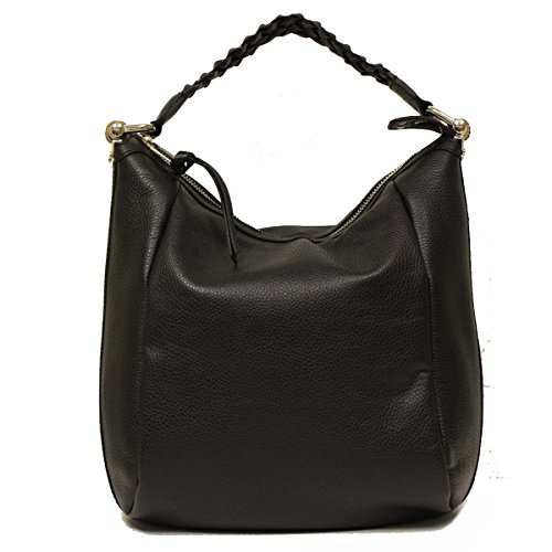 Gucci Black Leather Braided Top Handle Bamboo Hobo Bag 336655