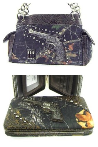 2 Piece Western Revolver Gun Camo Satchel Purse & Flat Clutch Wallet Set Brown Trim Camouflage