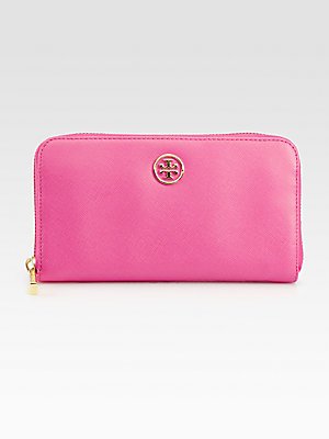 Tory Burch Robinson Tory Pink Cross-grain Leather Zip Around Continental Wallet
