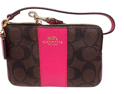 Coach Signature PVC Leather Khaki Brown/Cranberry Corner Zip Wristlet 64233