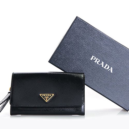 Prada Black Wristlet with Folding Wallet Ladies Vernic Shiny Black Leather 1M1438 Handbag