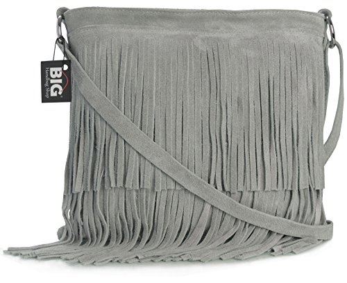 Big Handbag Shop Womens Suede Leather Tassle Fringe Shoulder Bag