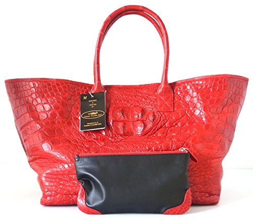 Authentic M Crocodile Skin Womens Hornback Leather Bag Tote Hobo Extra Large W/Wallet Handbag Shiny Red