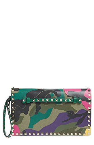 Valentino Rockstud Camo Flap Clutch Studded Green Camouflage Leather Bag