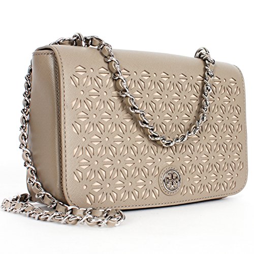 Tory Burch Robinson Floral Perforated Adjustable Shoulder Bag in French Grey
