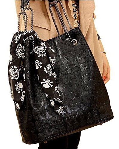 Womens Skull Print Pu Hobo Tote Shoulder Bag Handbag Light Black