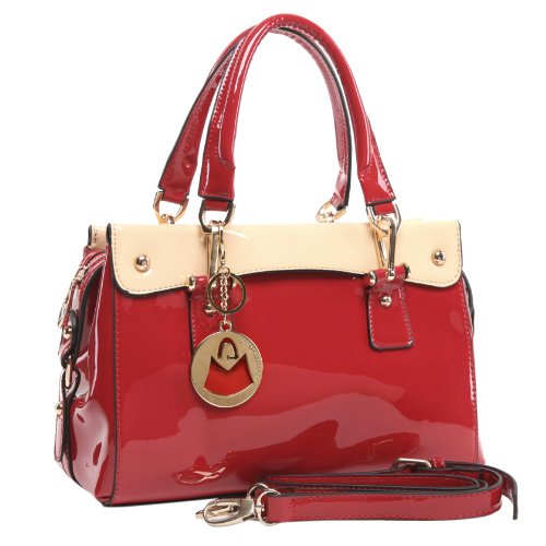 MG Collection VERA Trendy Red PU Patent Leather Office Purse Style Tote Handbag