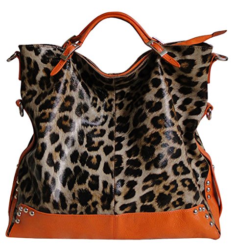 Heshe® women’s new fashion genuine leather leopard tote handbag shoulder bag cross body bag handbag top handle handbag pouch purse hobo sling hang bag for ladies