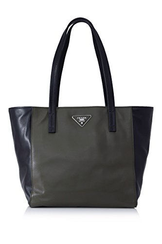 PRADA Shopping Soft Calf Leather Br5109 Black/Dark Green Tote Bag