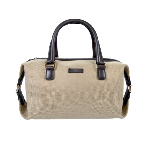 Gucci Beige “Boston” Canvas Leather Trimmed Handbag Bag