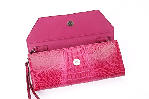 SINNOL Women’s Authentic Crocodile Leather Envelop Bag Wrist Bag Money Clip Purse Pink S01092