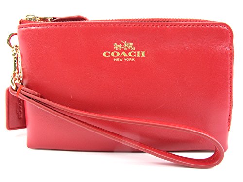 Coach Smooth Leather Double Corners Zip Wristlet Classic Red 64581