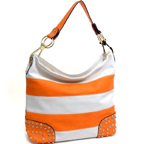 Dasein Striped Rhinestone Studded Flat Bottom Hobo Shoulder Bag with Removable Handle