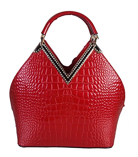 Rimen & Co. Medium Shiny Patent Animal Print Woman Handbag With Gold Metal and Crystal Décor With Removable Strap LP-2462