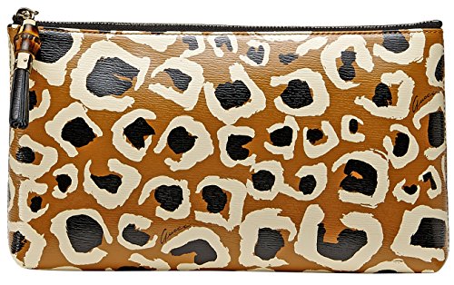 Gucci Leopard Print Bamboo Leather Pouch Clutch