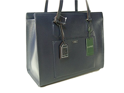 New Ralph Lauren Logo Large Purse Genuine Navy Blue Leather Tote Hand Bag Lowell