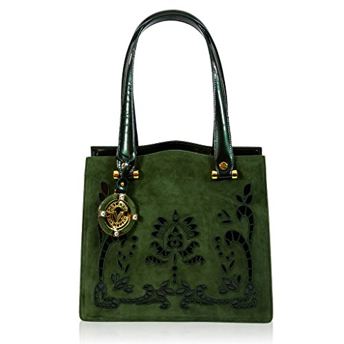 Valentino Orlandi Italian Designer Green Embroidered Leather Satchel Purse Bag