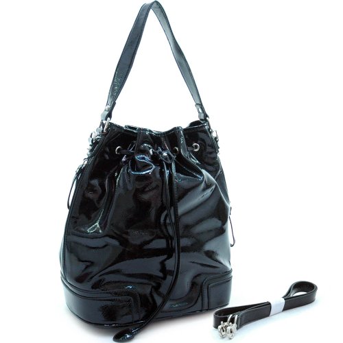 Dasein Dasein designer inspired shiny drawstring hobo handbag -Black