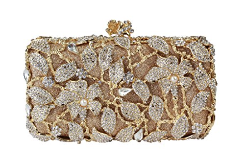 Yilongsheng 2016 New Women’s Pearl Flower Purse Evening Party Clutch Bags with Rhinestones Crystal Leaves Golden Designer Handbags, Beautiful Evening Clutch Bag and Clutch Purse for Women