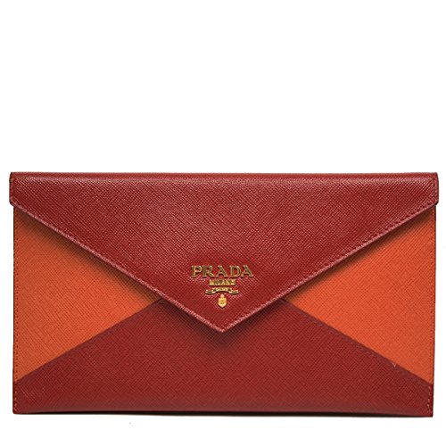 Prada Color Block Red & Orange Saffiano Leather Letter Clutch Handbag Wallet Bag 1M1175