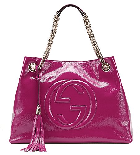 Gucci Soho Patent Leather Shoulder Bag Hot Pink Tassel Bougainvillea Handbag 308982