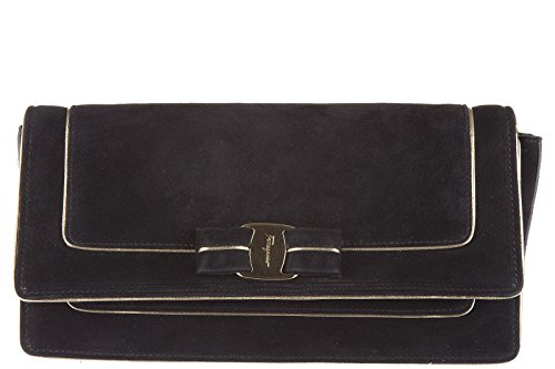 Salvatore Ferragamo women’s suede clutch handbag bag purse camy black