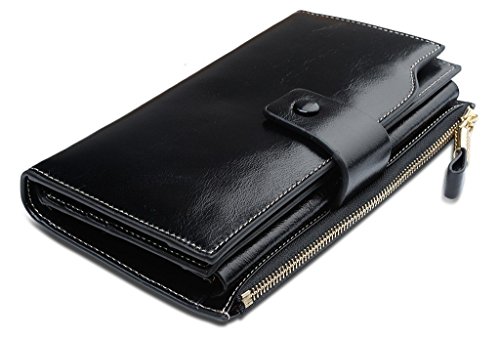 Grebago Women’s Genuine Leather Wallets Long Zipper Clutch Purses Handbags with Wristlets