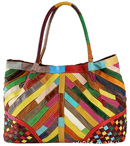 Heshe® Women’s New Fashion Soft Sheepskin Leather Grid Multi-color Stitching Splicing Tote Bag Hobo Shoulder Bag Handbag Hobo Bag Personality Simple for Ladies