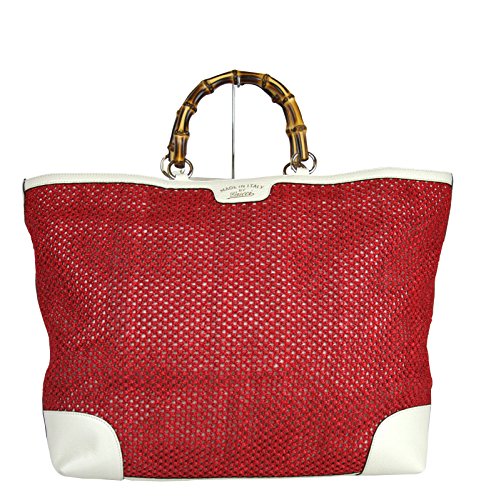 Gucci Red Straw Leather Top Bamboo Shopper Handle Large Tote 338964