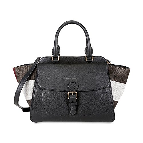 Burberry Grainy Leather Canvas Check Winged Tote – Black